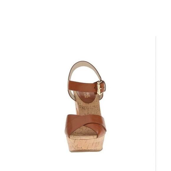 Michael Kors Walnut Natalia 8.5 Leather Platform Sandal Brown Cork 4.5 Inch Heel - Picture 3 of 10